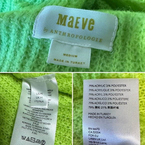 Maeve Betty Puff-Sleeved Neon Lime Green Chunky Mock Neck Sweater Size Medium - Picture 16 of 16
